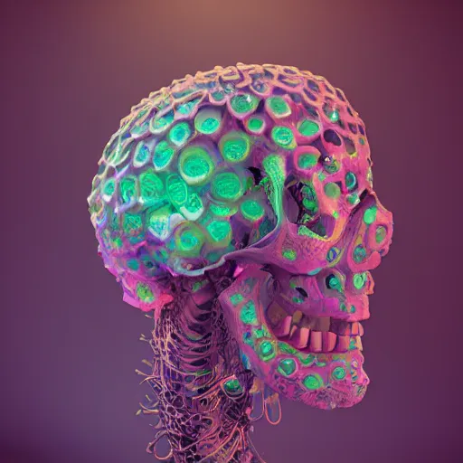 Image similar to a human Skull mutating into flowers, tentacles, unnatural shapes, jellyfish tentacles reaching out, coherent human Skull, insect, chaotic octane render, 3d digital art by beeple, unreal engine 5, award winning,