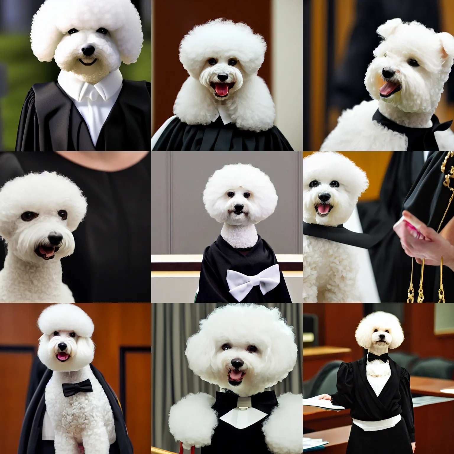 Image similar to a closeup photorealistic photograph of a cute smiling white bichon frise judge wearing a black gown and addressing a courthouse. this 4 k hd image is trending on artstation, featured on behance, well - rendered, extra crisp, features intricate detail, epic composition and the style of unreal engine.