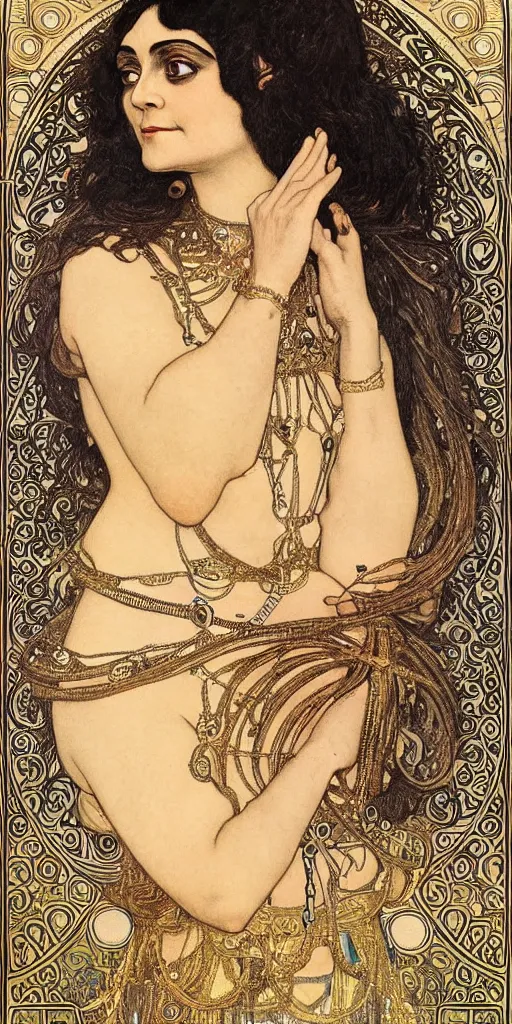 Prompt: realistic detailed dramatic Art Nouveau portrait of Theda Bara as Cleopatra wearing an elaborate jeweled gown by Alphonse Mucha and Gustav Klimt, gilded details, intricate spirals, coiled realistic serpents, Neo-Gothic, gothic, ornate medieval religious icon, long dark flowing hair
