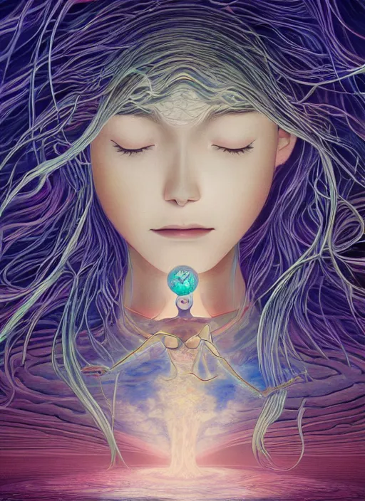 Image similar to a woman falls into a dream within a dream within a dream within a dream within a dream, alex grey, salvador dali, fractal, surreal art, semi realistic anime, studio ghibli, makoto shinkai, award winning illustration, masterpiece, 4 k