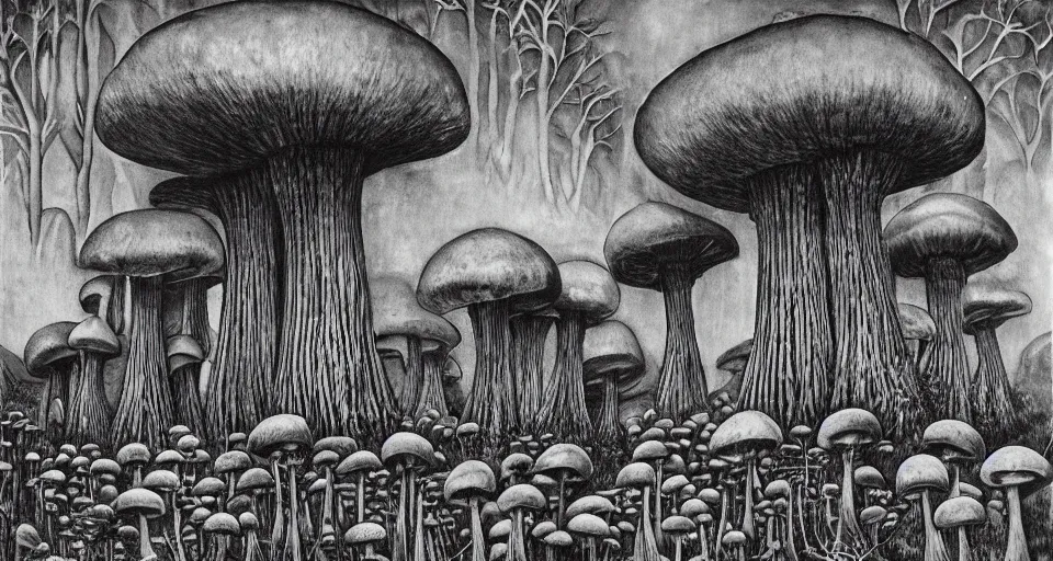 Image similar to A tribal village in a forest of giant mushrooms, by HR Giger