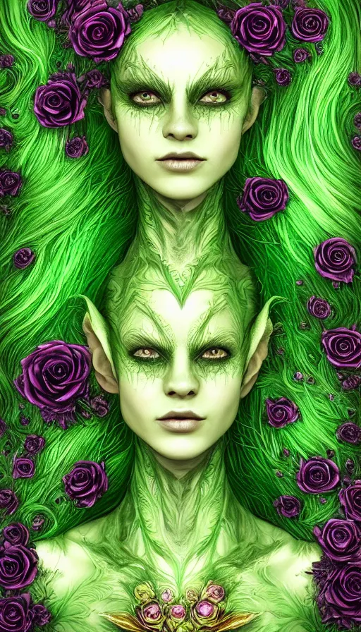 Image similar to portrait of magical green goblin female , dark fantasy, gradient green black, intricated, plants, roses, spikes, dreamy and ethereal, (colour) eyes, one head, golden ratio, peaceful expression, ornate frilly dress, fantasy, intricate, elegant, rainbow bubbles, highly detailed, digital painting, artstation, concept art, smooth,b sharp focus, illustration, art by artgerm and greg rutkowski and alphonse mucha