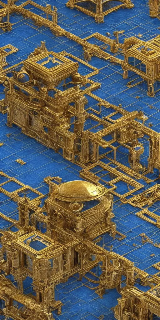 Prompt: full body shot of a huge architectural complex made of gold and metal and blue iron, excavated by blue rivers, victorian ornaments, highly detailed, technical, render, digital blueprint, concept art, sharp focus, global illumination, ray tracing, nvidia, realistic shaded, octane render