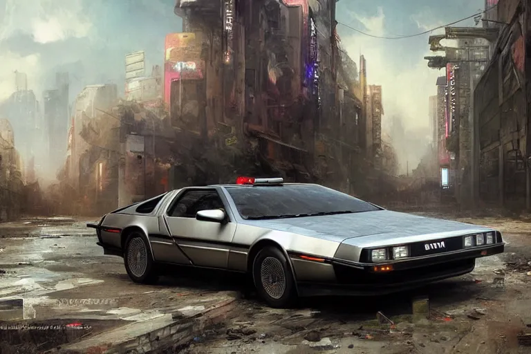 Image similar to photograph of the delorean, with a sleek spoiler, driving down the streets of a cyberpunk abandoned city, by greg rutkowski, by stanley artgerm, by alphonse mucha