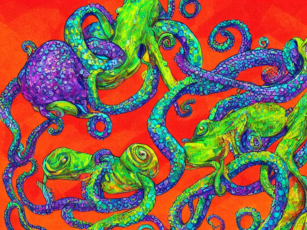 Image similar to chameleon and octopus, high detail, highly abstract, digital art, a bit vivid colors