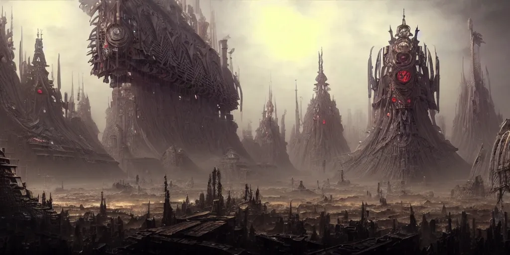 Image similar to a beautiful and insanely detailed matte painting of an advanced sprawling futuristic warrior civilization with surreal architecture designed by akihiko yoshida!, whimsical!!, epic scale, intricate details, sense of awe, warhammer 4 0. 0 0 0, elite, fantasy realism, complex layered composition!!