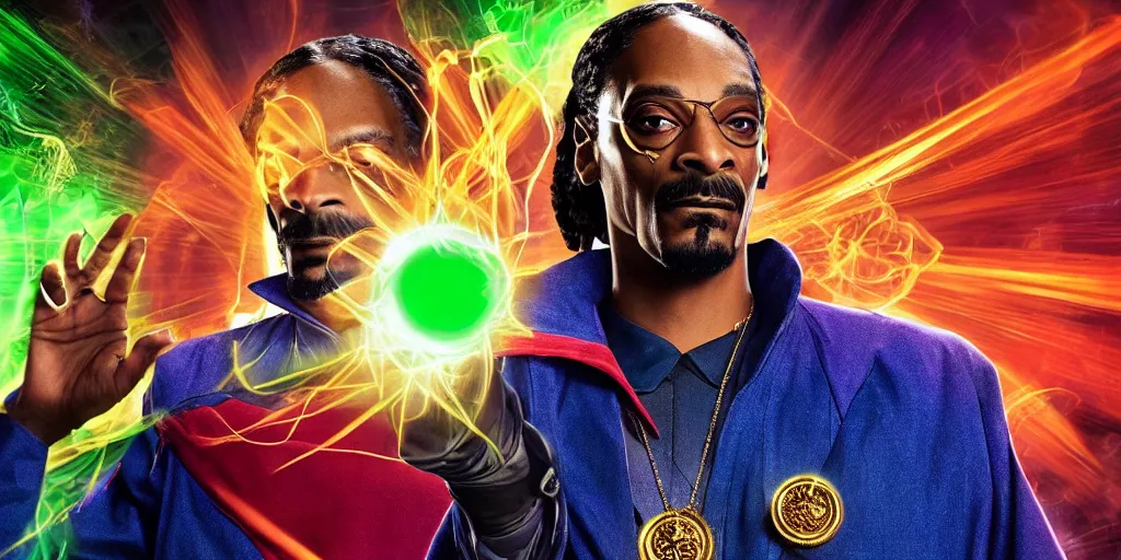 Image similar to snoop dogg as the doctor strange, marijuana leaves, green light, highly detailed, marvel cinematic universe, mcu, photo