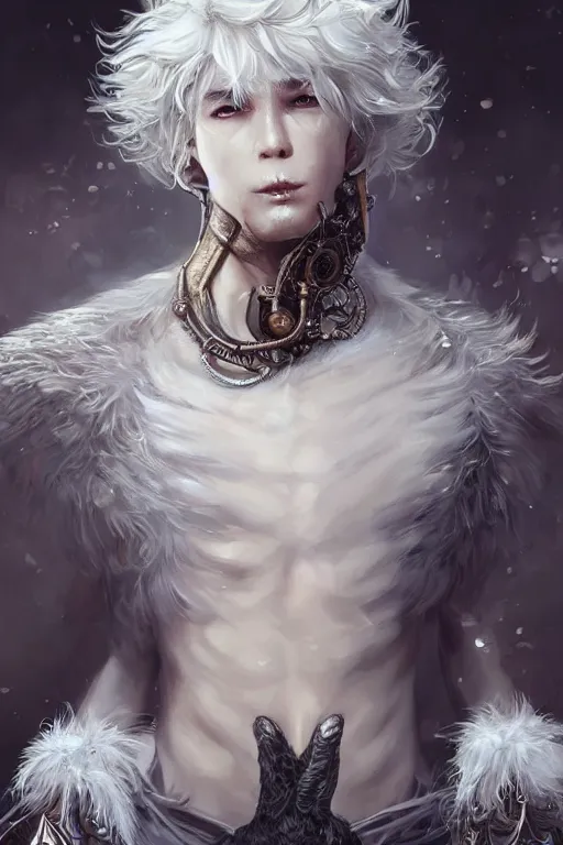 Image similar to beautiful full body portrait of a human - fluff hybrid male wizard, scaley!! white feathery skin, wearing ornaments and rings, by wlop and artgerm, steampunk fiction, detailed deep black eyes, silver background, trending, on artstation.