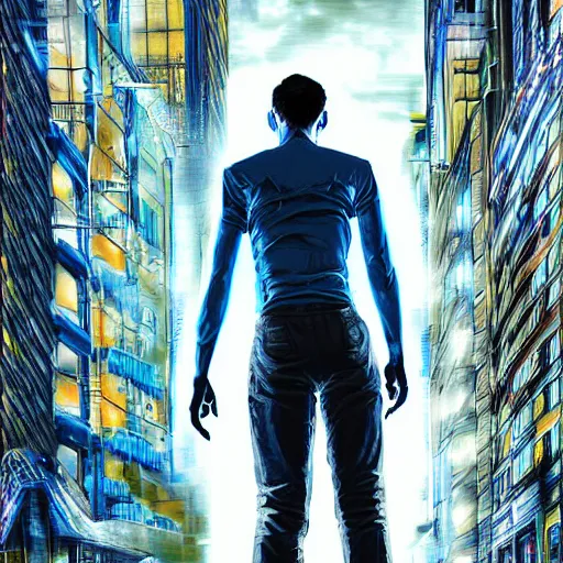 Prompt: young man from behind with wings of pure blue energy coming out of his back flying off into a cyberpunk city, highly detailed, realistic, symmetrical face, art by digital painting,