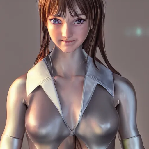 Image similar to a brown haired blue eyes beautiful girl smiling in character design. gesture drawing. line of action. official art, unreal engine 5, unreal engine. medium shot. ray tracing hdr. 8 k. uhd. sharp focus. highly detailed. masterpiece. golden ratio. anime render. cinematic lighting. lifelike. symmetrical face. beautiful face