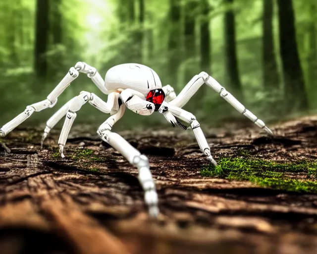 Image similar to photo of a white terminator spider with biomechanical cybernetic body in the forest. cyberpunk horror style. highly detailed 8 k. intricate. nikon d 8 5 0 5 5 mm. award winning photography.