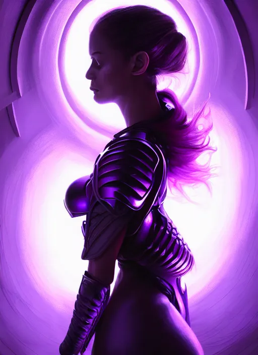 Image similar to top down lighting, extreme close up, stunning portrait of a woman in purple leather future armor with a long black ponytail, purple eye, glowing with void energy, spaceship hallway, intricate, mood lighting, highly detailed, digital painting, artstation, concept art, smooth, sharp focus, illustration, art by wlop, mars ravelo and greg rutkowski