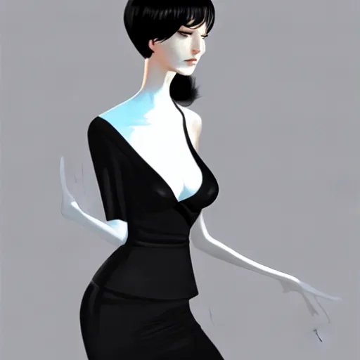 Image similar to slim girl in tuxedo with short black hair, elegant, 2d, ultra highly detailed, digital painting, smooth, sharp focus, artstation, art by Ilya Kuvshinov