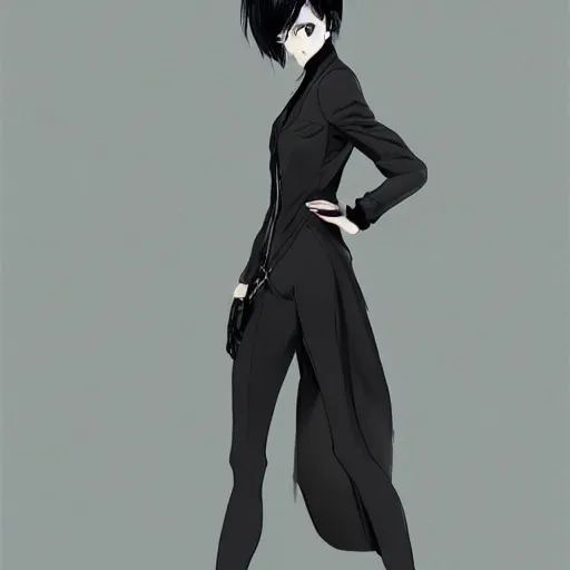 Image similar to slim girl in tuxedo with short black hair, elegant, 2d, ultra highly detailed, digital painting, smooth, sharp focus, artstation, art by Tsutomu Nihei