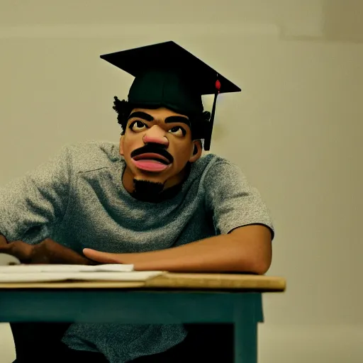 Image similar to a cinematic film still of a claymation stop motion film starring chance the rapper as a college student, shallow depth of field, 8 0 mm, f 1. 8