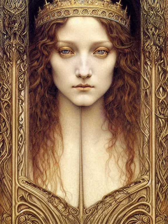 Image similar to detailed realistic beautiful young medieval queen face portrait by jean delville, gustave dore and marco mazzoni, art nouveau, symbolist, visionary, gothic, pre - raphaelite. horizontal symmetry