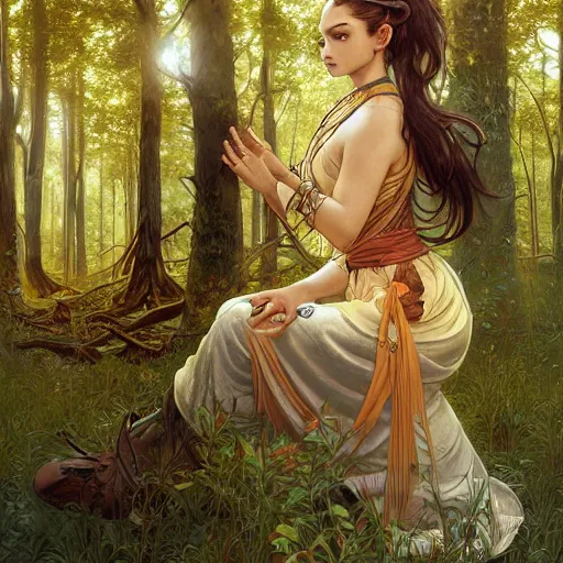 Image similar to intricate detailed portrait painting of aang on a beautiful forest meadow, temple ruins surrounded by lush forest, afternoon, intricate, elegant, highly detailed, digital painting, sharp, focus, illustration art by artgerm and greg rutkowski and alphonse mucha