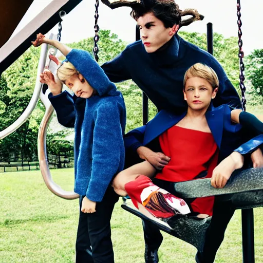 Image similar to an editorial shoot for Vogue featuring Male models sitting on playground swings, cute, harmless, silly