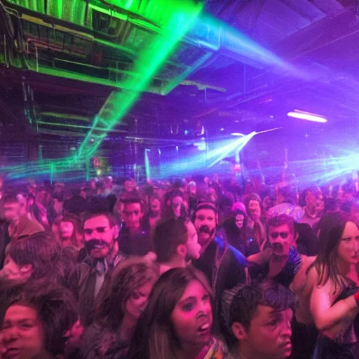 Prompt: A very crowded 2am rave inside of a NYC warehouse in the Meat Packing District with multicolored laser lights, in the style an Aeon Flux cartoon scene, HD