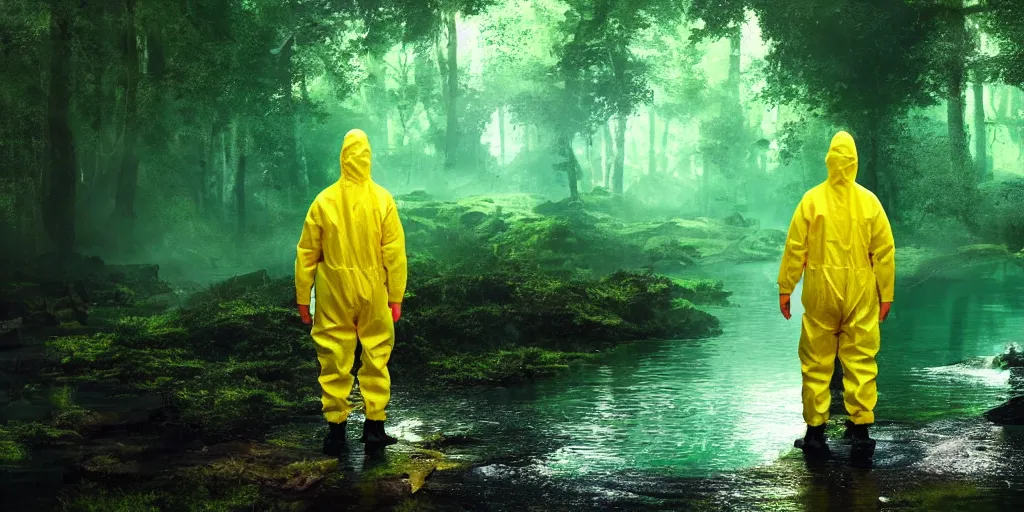 Image similar to a man in a yellow hazmat suit pours glowing green liquid into a magical river and stands in a detailed forest, painting, concept - art!!, rendering, octane, redshift, cinematic composition, volumetric lighting