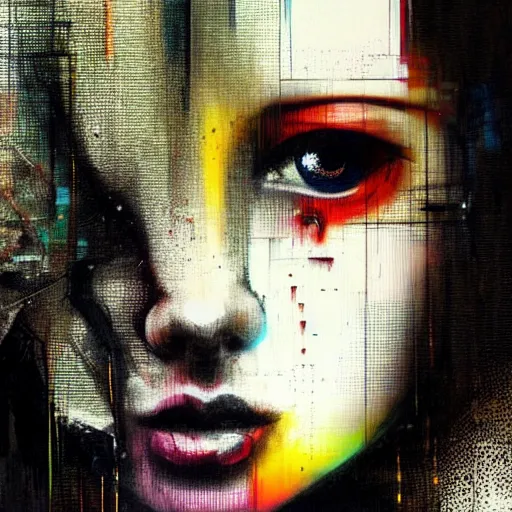 Prompt: portrait of a hooded beautiful women, mysterious, glitch effects over the eyes, crying, by Guy Denning, by Johannes Itten, by Russ Mills, innocent, cyberpunk, color blocking, oil on canvas, concept art, abstract
