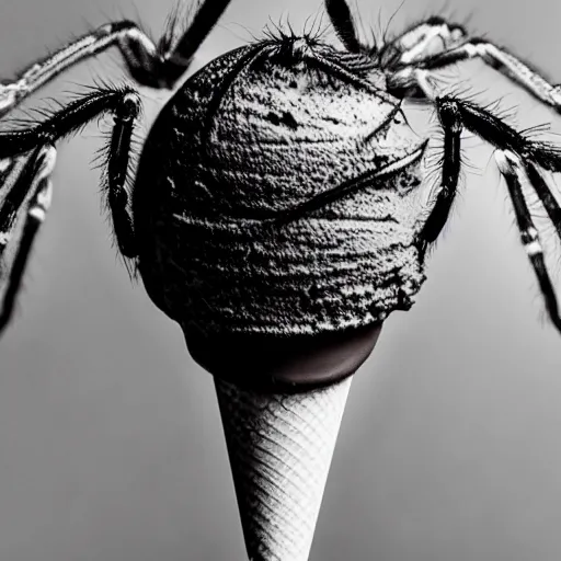 Prompt: detailed, textured photograph of a levitating chocolate ice cream cone with 9 huge, hairy spider legs at the bottom. dramatic light.