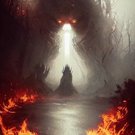 Prompt: a beautiful terrifying monster of ash and smoke, eyes and mouth glowing like burning embers. ethereal horror fantasy art by greg rutkowski