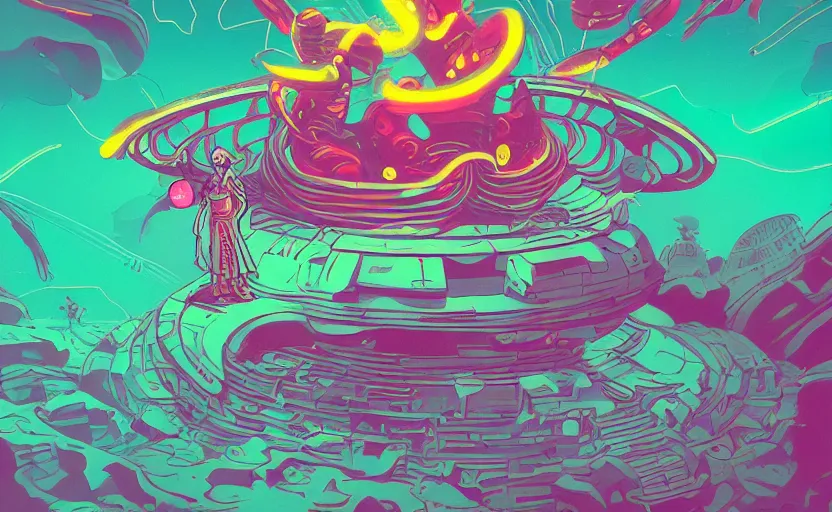 Prompt: mayan priestess floating over an ocean, full body, neon lights, spaceships, sharp focus, james gilleard, moebius, print, cinematic, surreal, game art