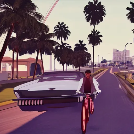 Prompt: Bill Murry in GTA V. Los Santos in the background, palm trees. In the art style of Stephen Bliss