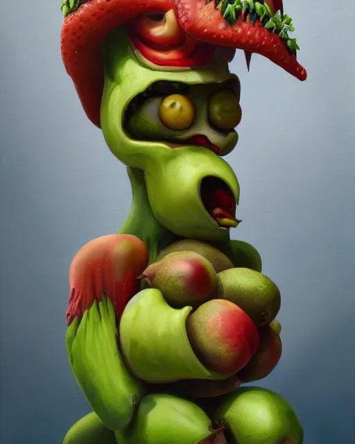 Image similar to a fruit figurine monster, surrealist oil painting, very detailed, 8 k, artstation, cgsociety