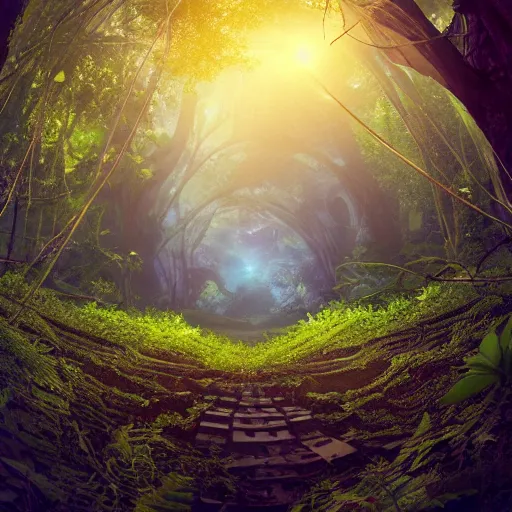 Prompt: ominous, portal to another dimension embedded in a beautiful tree in a densely overgrown jungle, fantasy, dreamlike sunrise volumetric lighting, ultra realistic, atmospheric, stopped in time, epic