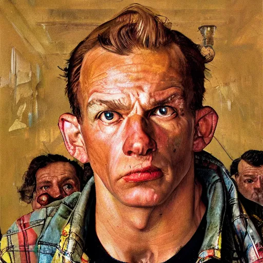 Image similar to high quality high detail painting by norman rockwell and lucien freud, hd, portrait of a dangerous professional wrestler, intense demonic look in the eyes, photorealistic lighting