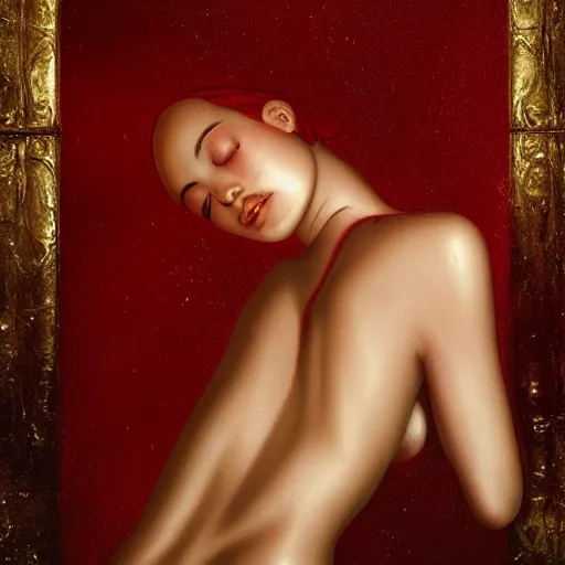 Prompt: Kiko Mizuhara full body laying in a blood red pool of water between a golden mirror frame, outside is space and inside the mirror frame is a beautiful landscape., physically accurate, dynamic lighting, intricate, elegant, highly detailed, digital painting, artstation, HR GIGER, very very Roberto Ferri, Hieronymus Bosch, Francis Bacon, concept art, smooth, sharp focus, illustration, art by artgerm and greg rutkowski and alphonse mucha