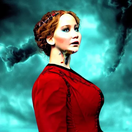 Prompt: a realistic detailed studio portrait photo of jennifer lawrence as a vampire from bram stoker's dracula, medical stitches vaporwave