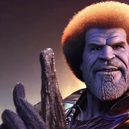 Image similar to bob ross as thanos, movie still, cinematic lighting