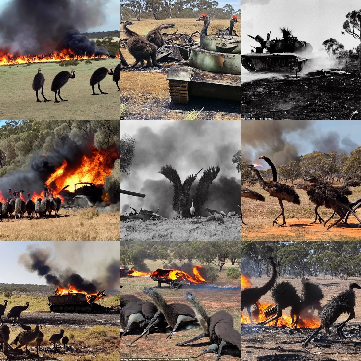 Prompt: a group of emus attacking the burning wreck of a tank in australia