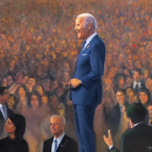 Prompt: Biden staring off into a crowd of people cheering, it’s nighttime, oil painting