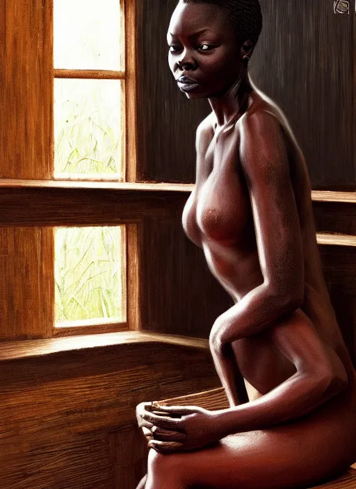 Prompt: danai gurira in finnish sauna, backround dark, highly detailed, digital illustration, trending in artstation, modern painting, smooth, sharp focus, intricate, einar jonsson, ilya repin