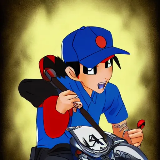 Prompt: ash ketchum playing magic the gathering on a motorcycle, digital art