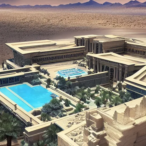 Image similar to world's largest private residence, located in the midst of the nevadan desert, inspired by the architecture of the ancient egyptian temples, trending on artstation, unsplash, overhead view!!!!!, cgsociety contest winner, 4 k photorealism, 4 k quality