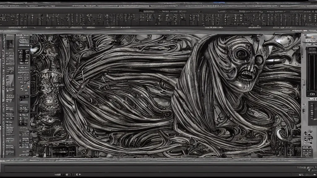 Image similar to winamp skin, VST, style of Giger, H. R. GIGER, 4K