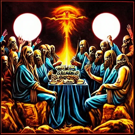 Prompt: the lord's supper, jesus accompanied by undead in iron maiden album cover style