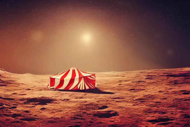 Image similar to circus tent on the surface of the moon, circus, magical, warm light, photo realistic