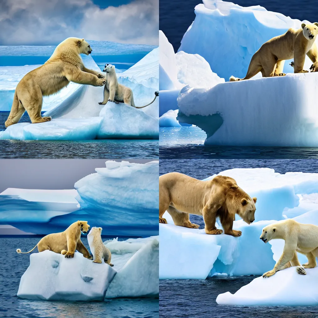 Prompt: lion and polar bear fighting on an iceberg, 4K award winning nature photo