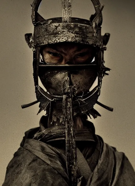 Prompt: samurai portrait photo, wearing all black mempo mask, after a battle, war scene, dirt and unclean, extreme detail, cinematic, dramatic lighting render, extreme photorealism photo by national geographic, paolo roversi, masterpiece