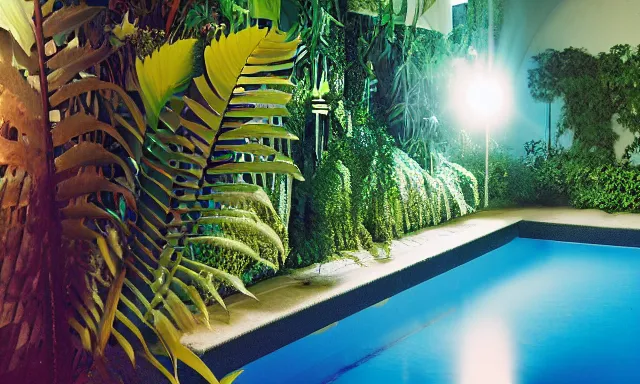 Image similar to indoor pool with ferns and palm trees, pool tubes, chromatic abberation, dramatic lighting, depth of field, 80s photo