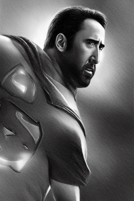 Prompt: Prtrait of Nicolas Cage as superman cinematic lighting, intricate, elegant, highly detailed, digital painting, artstation, painted by Artgerm and Mark Waid and Greg Rutkowski