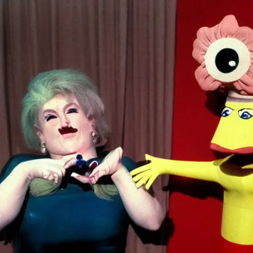 Image similar to 1983 happy woman on a talk show show with a long prosthetic snout nose, big nostrils, wearing a dress, 1983 French film color archival footage color film 16mm Fellini Almodovar John Waters Russ Meyer with hand puppet