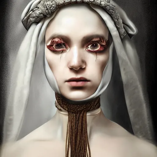 Image similar to portrait of a Shibari rope wrapped face and neck, headshot, insanely nice professional hair style, dramatic hair color, digital painting, of a old 15th century, young cyborg Rubber Nun, amber jewels, baroque, ornate clothing, scifi, realistic, hyperdetailed, chiaroscuro, concept art, art by Franz Hals and Jon Foster and Ayami Kojima and Amano and Karol Bak,