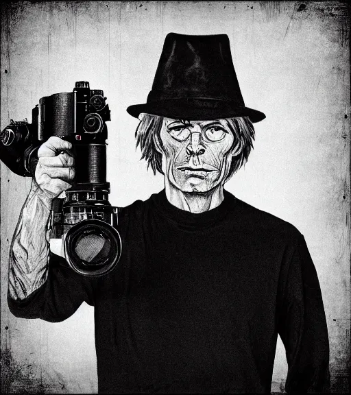 Prompt: Leica Zeiss hd portrait photo of Steven King next to dark tower in noir style trending on Flickr artstation
